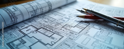Building permit concept with architectural drawings. Detailed construction plans, city map documents. Planning, design for new residential area projects. Authorisation process for new development.