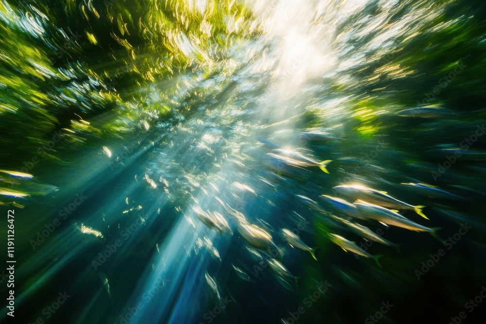 Fototapeta premium Energetic school of tuna in sparkling ocean with sunlight