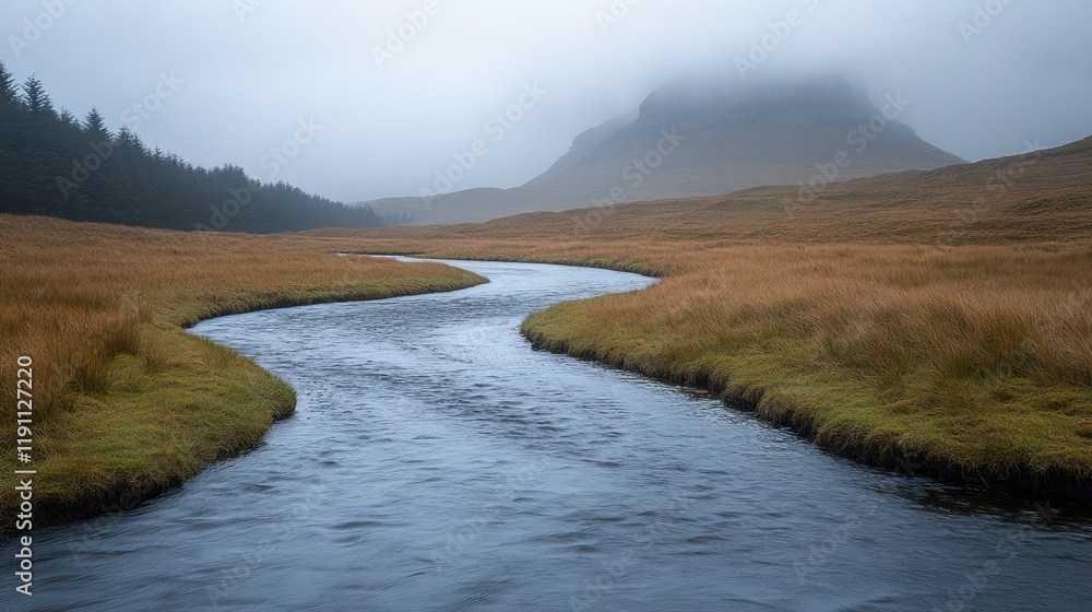 Obraz premium Misty mountain stream flows through valley.