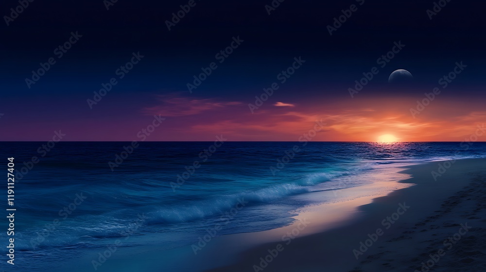 Fototapeta premium Sunset over ocean beach with moon