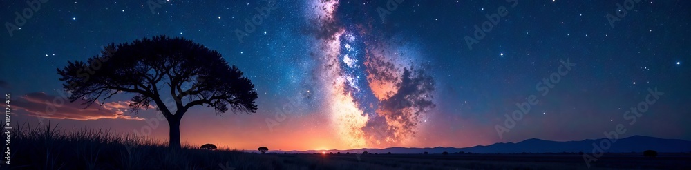 Stunning night sky with a vibrant Milky Way over tranquil landscape and silhouette of a tree. Stunning night sky with a vibrant Milky Way over tranquil landscape and silhouette of a tree.