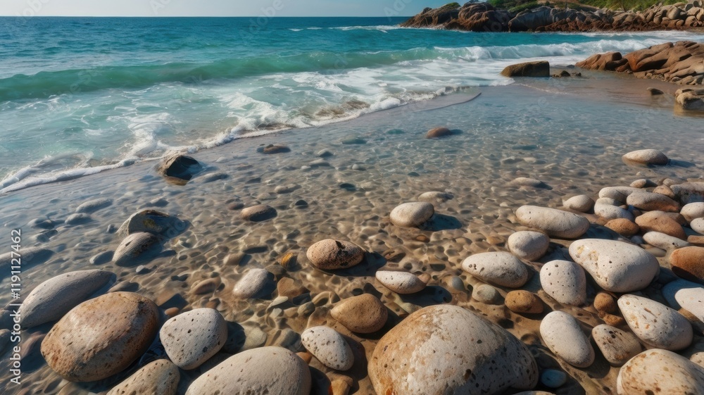 Tranquil Seascape: Crystal Clear Waters Lapping Against Timeworn Stones Underneath the Tropical Sun Tranquil Seascape: Crystal Clear Waters Lapping Against Timeworn Stones Underneath the Tropical Sun