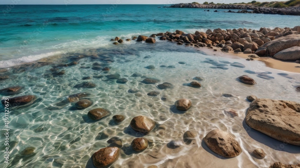 Tranquil Seascape: Crystal Clear Waters Lapping Against Timeworn Stones Underneath the Tropical Sun Tranquil Seascape: Crystal Clear Waters Lapping Against Timeworn Stones Underneath the Tropical Sun