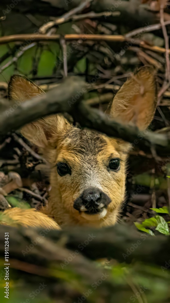 Fototapeta premium Young Deer Peeking Through Branches