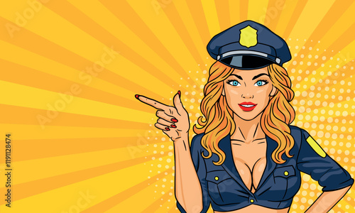 Young policewoman in pop art style points at something with her finger. On a yellow background