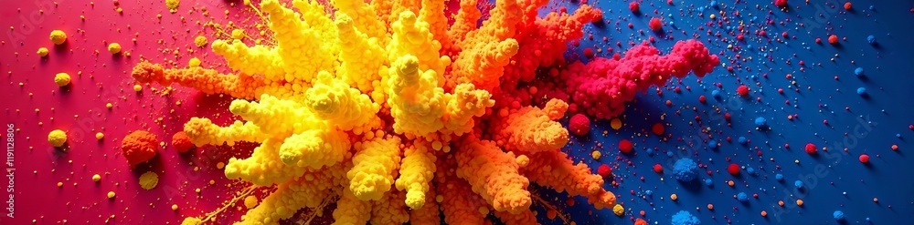 Vibrant explosion of color powder creates a stunning visual effect on a blue background. Vibrant explosion of color powder creates a stunning visual effect on a blue background.