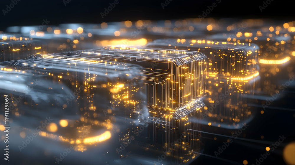 A luminous 3D AI framework with golden circuits and dynamic holographic data flowing across, clear and detailed A luminous 3D AI framework with golden circuits and dynamic holographic data flowing across, clear and detailed