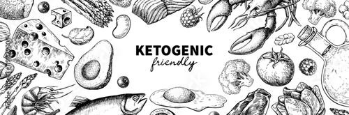 Keto diet vector drawing. Ketogenic hand drawn template. Vintage engraved sketch. Organic food 