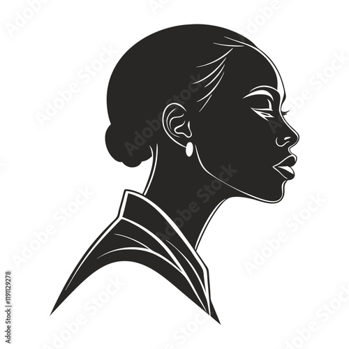 Black woman face with stylized hairstyle. Vector illustration of girl head with stylized haircut.