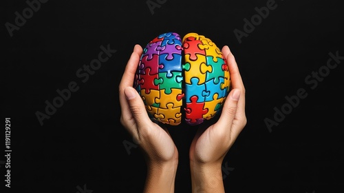 Female cupped hands holding a multi colored human brain made of jigsaw puzzle isolated on black background with copy space. Blank wide banner for mental health and creative ideas. photo