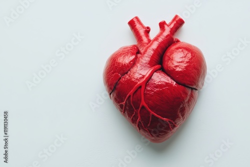 Anatomical model of human heart resting on light blue surface with prominent arteries and veins photo