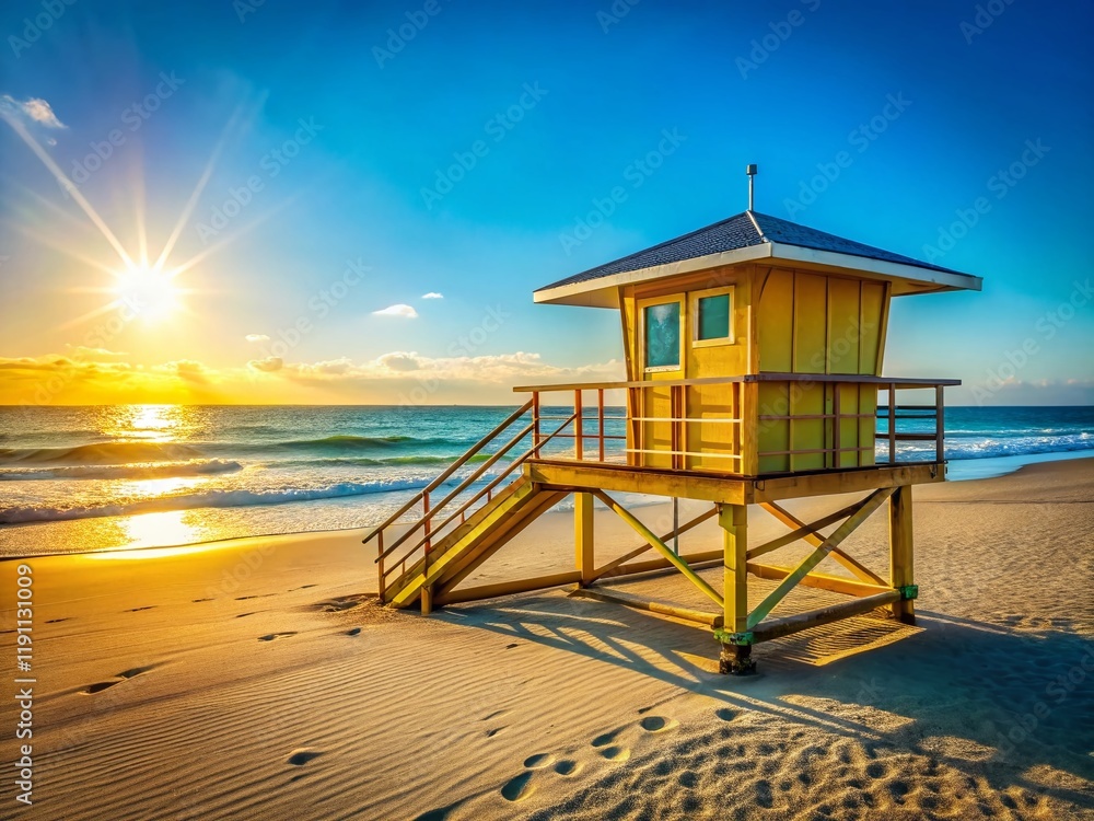 Vibrant Beach Lifeguard Station: Sunny Day Seascape Vibrant Beach Lifeguard Station: Sunny Day Seascape
