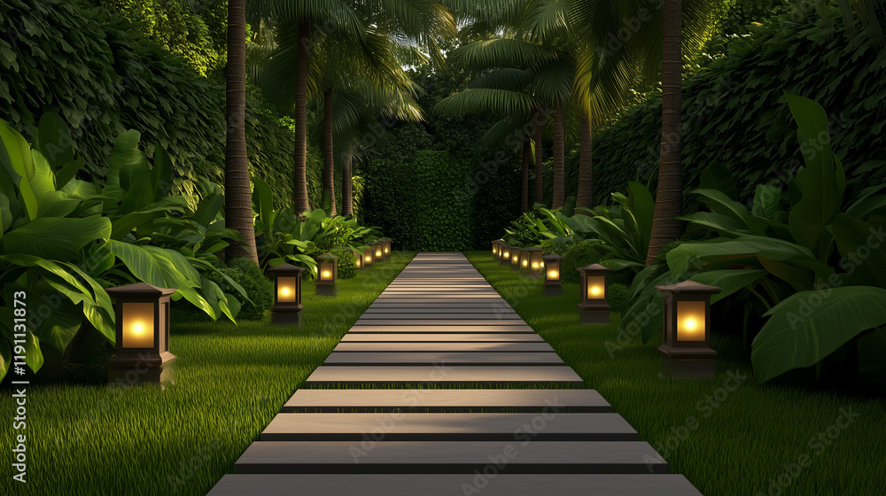 Tranquil pathway surrounded by lush greenery garden natural setting serene view peaceful atmosphere Tranquil pathway surrounded by lush greenery garden natural setting serene view peaceful atmosphere