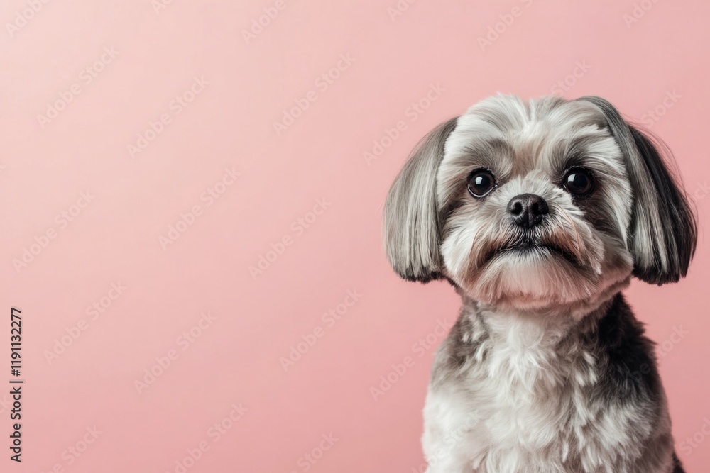 Cute Shih Tzu dog with adorable expression and perfectly groomed coat sitting against pastel pink background. For pet-related designs, advertisements, or content celebrating furry companions Cute Shih Tzu dog with adorable expression and perfectly groomed coat sitting against pastel pink background. For pet-related designs, advertisements, or content celebrating furry companions