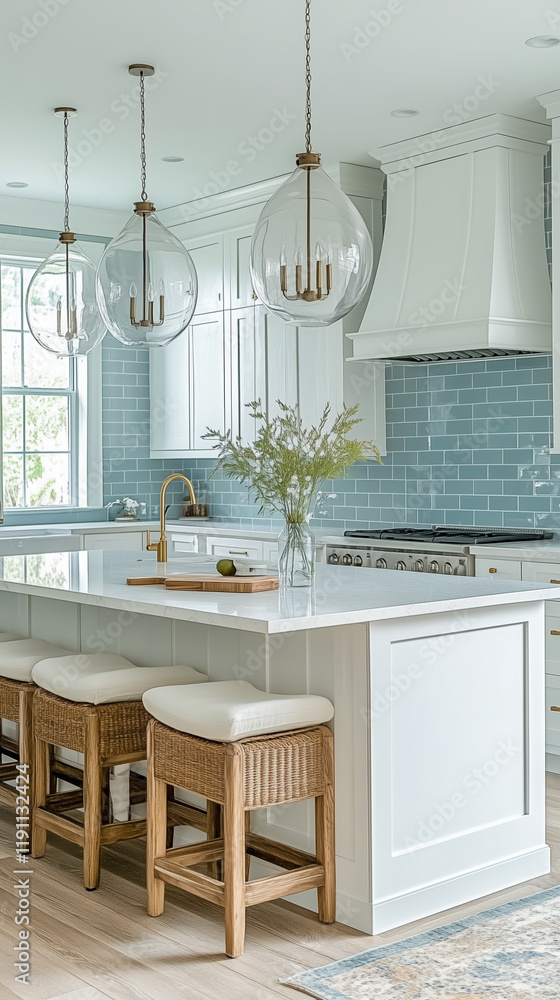 Fototapeta premium Bright and elegant modern farmhouse kitchen featuring a white island, wicker barstools, glass pendant lights, blue tile backsplash, and natural decor. 