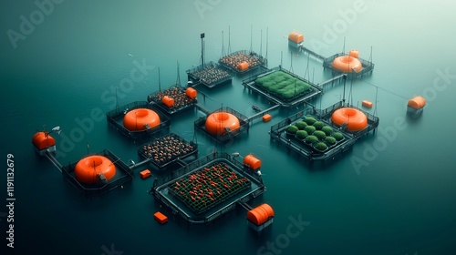 Aerial view of an expansive offshore aquaculture facility showcasing schools of vibrant fish swimming in sea pens rows of suspended shellfish baskets photo