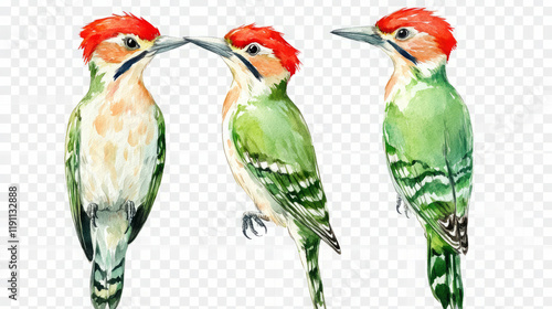 captivating watercolor woodpecker art print: explore detailed illustrations of red-crowned, green, and red-headed woodpeckers in an exotic, vibrant nature-inspired painting photo