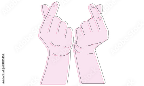 Hands forming a heart. Single lines, double drawing, 3D glasses effect. Corean heart. 
