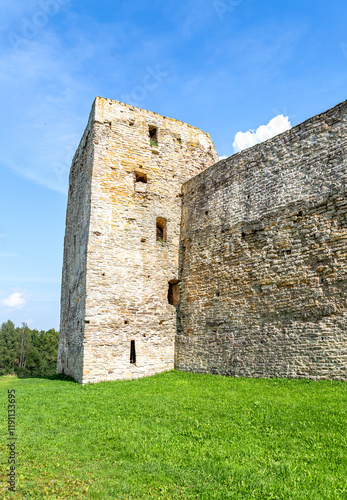 Talav tower and castle wall of the ancient medieval Izborsk fortress, Pskov region, Russia photo