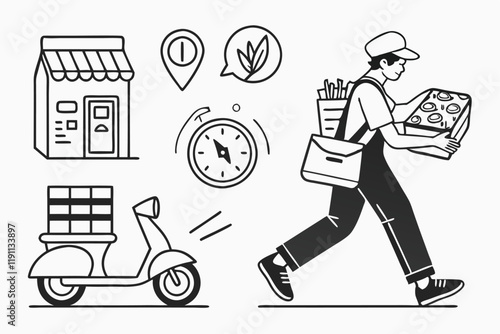 Food delivery icons, line art, monochrome, set of 50, restaurant symbols, mobile app interface, ordering food online, grocery basket, cooking utensils, delivery truck, storefront, map location, fast f photo