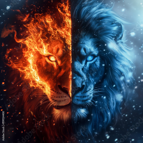 A striking digital illustration of a lion split into fiery flames and icy frost, symbolizing opposing forces and balance.
