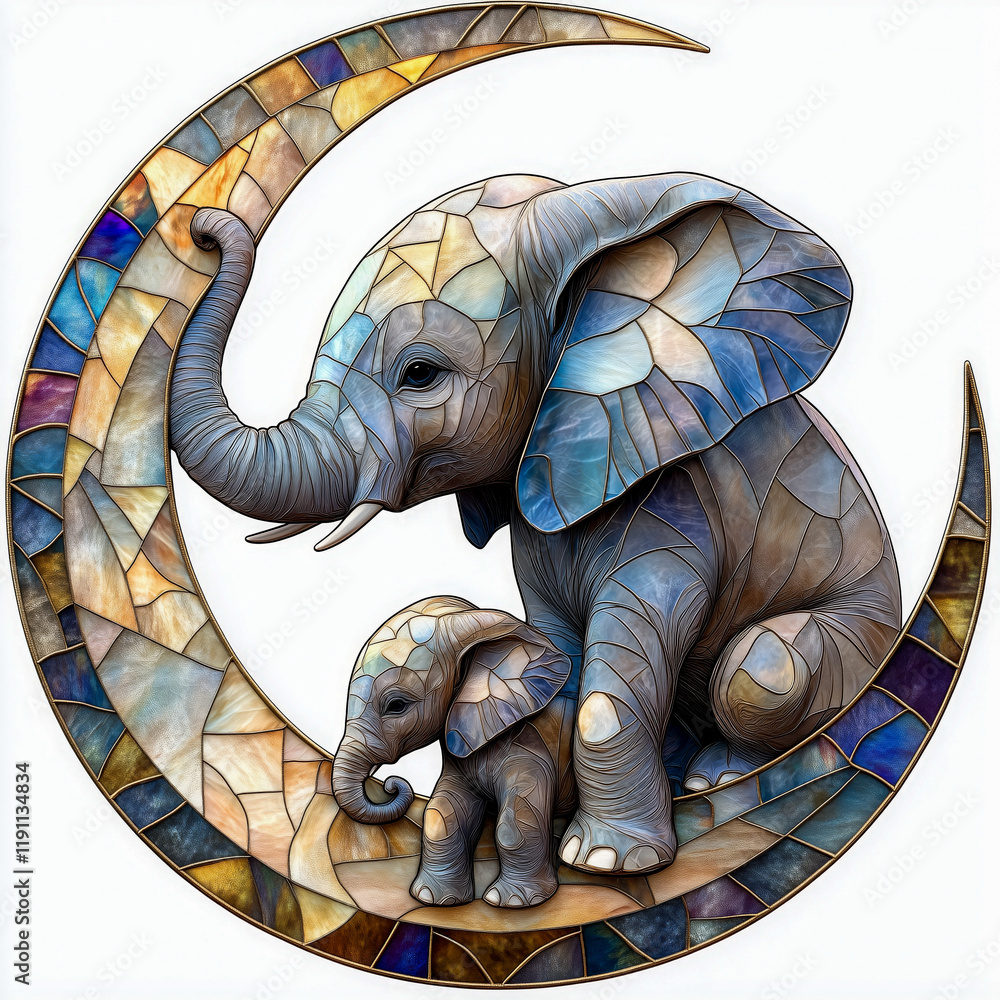 Obraz premium Artistic stained glass depiction of two elephants sitting on a crescent moon, featuring vibrant blue and gold tones. 
