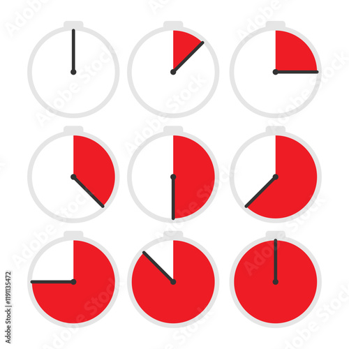 Stopwatch icon set. Minimalist clock designs illustrating various stages of time progression. Vector icons isolated on white