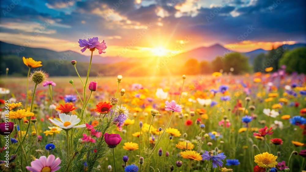 Fototapeta premium Vibrant Floral Background with Copy Space for Text and Design - Spring Summer Flower Meadow