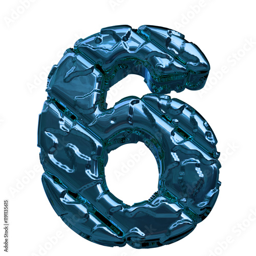 Symbol made of blue diagonal unpolished blocks. bottom view. number 6