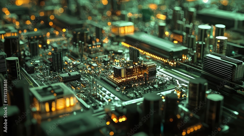Futuristic Cityscape with Glowing Lights and Circuit Board Design Futuristic Cityscape with Glowing Lights and Circuit Board Design