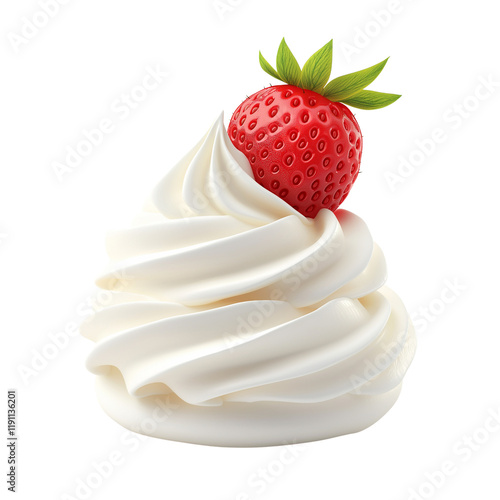 A realistic photograph of whipped cream with a single strawberry on top, isolated against a transparent  background.png