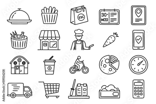 Food delivery icons, line art, monochrome, set of 50, restaurant symbols, mobile app interface, ordering food online, grocery basket, cooking utensils, delivery truck, storefront, map location, fast f