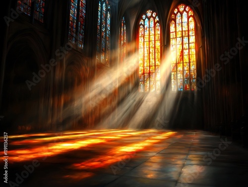 Ethereal beams of warm golden sunlight streaming through the vibrant stained glass windows of a Romanesque cathedral the interplay of light and shadow creating a mystical ambiance photo