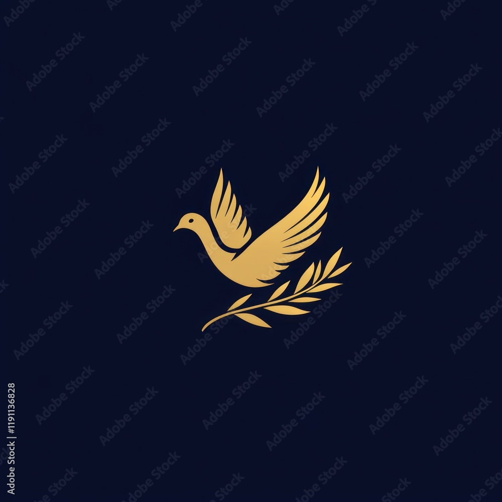 Obraz premium Golden dove peace symbol, olive branch, dark background, logo design