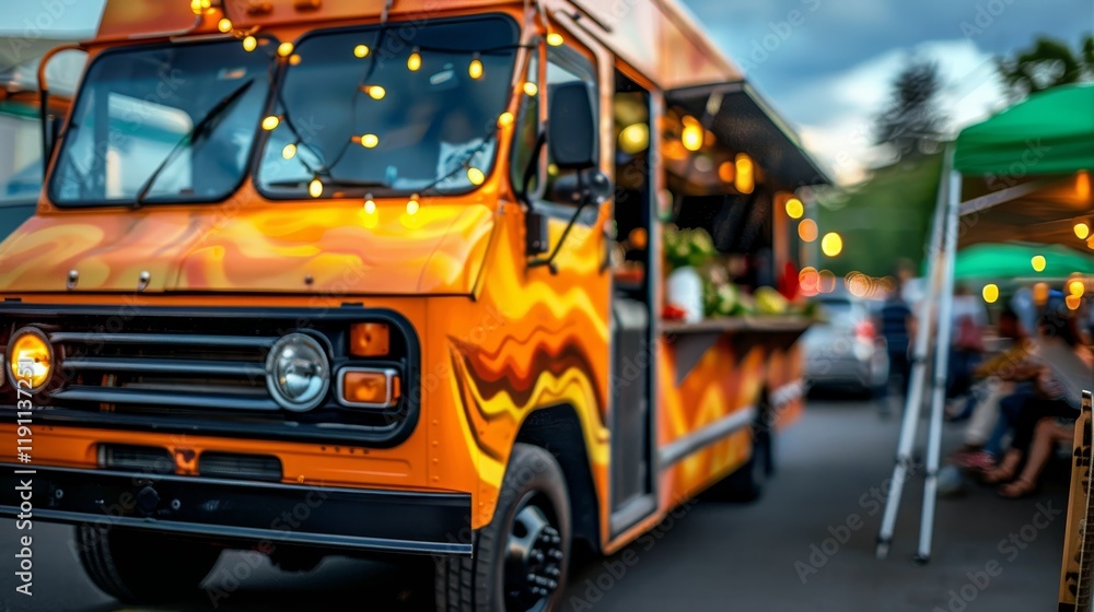 Fototapeta premium Vibrant food truck experience at city festival with selective focus on culinary delights