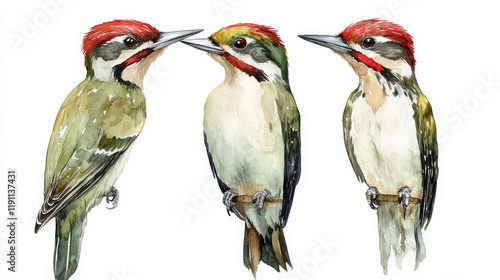 watercolor bird art: green-barred and red-crested woodpecker trio illustration