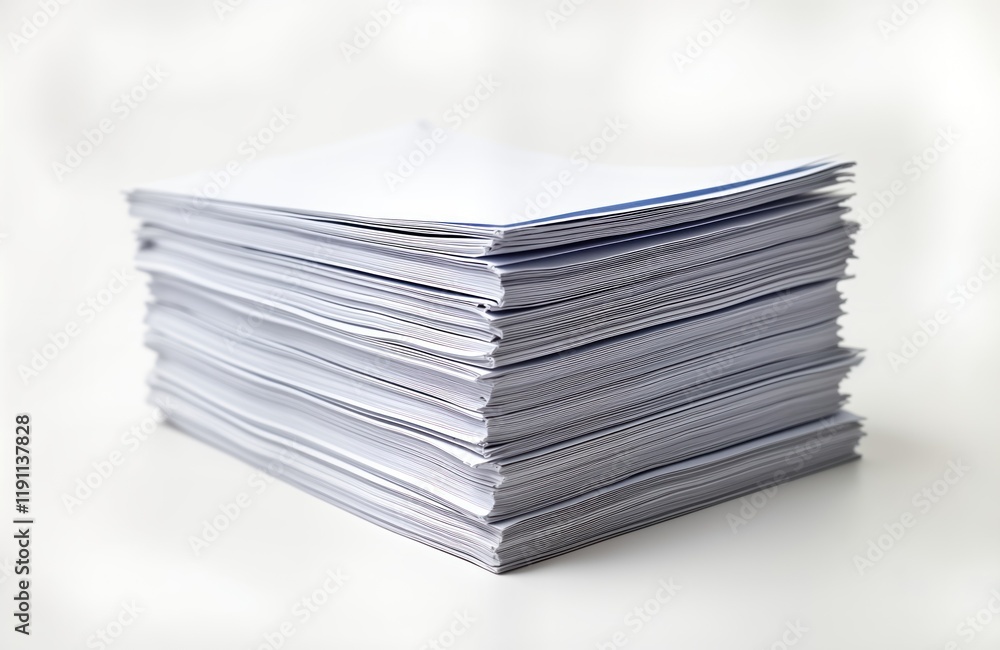 High stack of white papers sits on white surface. Papers neatly arranged. Image shows large pile of documents. Suggests large amount of information work. Close-up of paper stack. Simple image High stack of white papers sits on white surface. Papers neatly arranged. Image shows large pile of documents. Suggests large amount of information work. Close-up of paper stack. Simple image