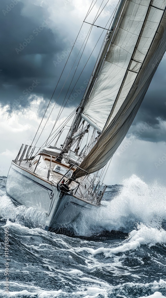 Obraz premium Sailing Yacht Navigating Through Stormy Seas with Dramatic Skies