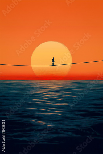 A solitary figure walks on a tightrope stretched above calm ocean waters, framed by a glowing orange sunset and large sun.
 photo