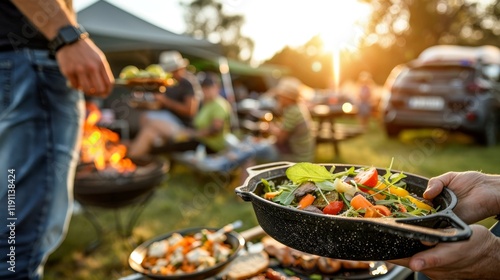 Vibrant food truck scene at city festival  a focused look at culinary delights on wheels photo