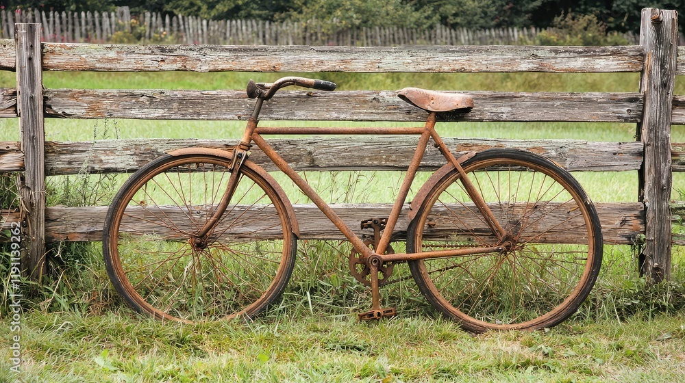 Fototapeta premium Vintage Rusty Bicycle Against Wooden Fence in Rural Setting