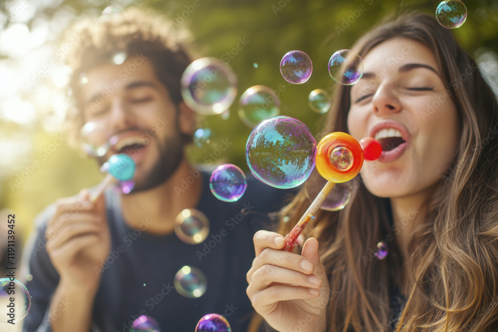 Joyful moment of a man and woman blowing colorful bubbles in a park Joyful moment of a man and woman blowing colorful bubbles in a park