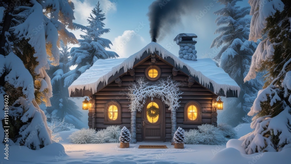 A serene and inviting cabin nestled among towering snow-covered evergreen trees, their branches heavy with the weight of freshly fallen snow, the warm glow of golden lanterns spilling from the cabin's A serene and inviting cabin nestled among towering snow-covered evergreen trees, their branches heavy with the weight of freshly fallen snow, the warm glow of golden lanterns spilling from the cabin's