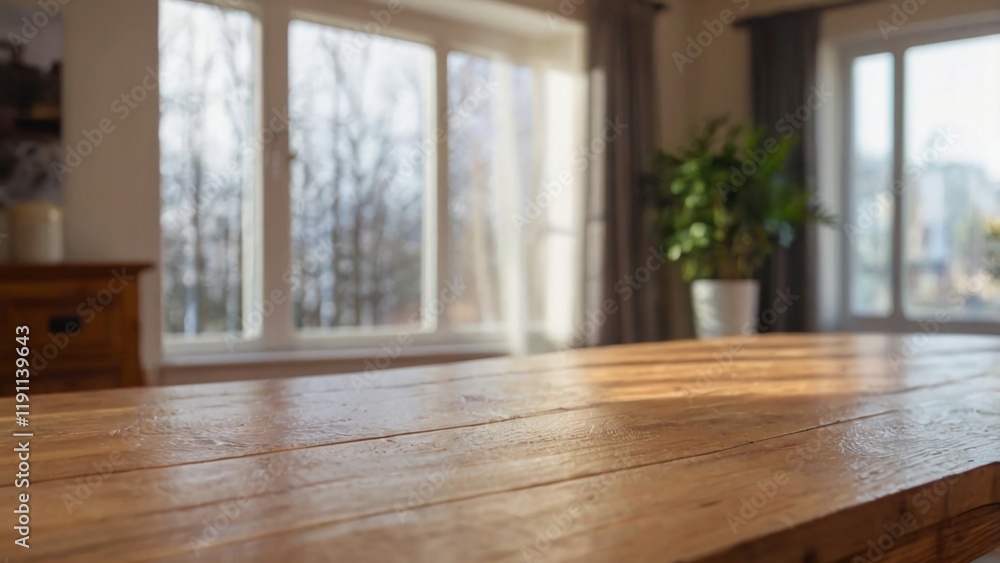 Empty wood table top on home interior with a window with a blurred background. The focus is on the table surface. Empty wood table top on home interior with a window with a blurred background. The focus is on the table surface.