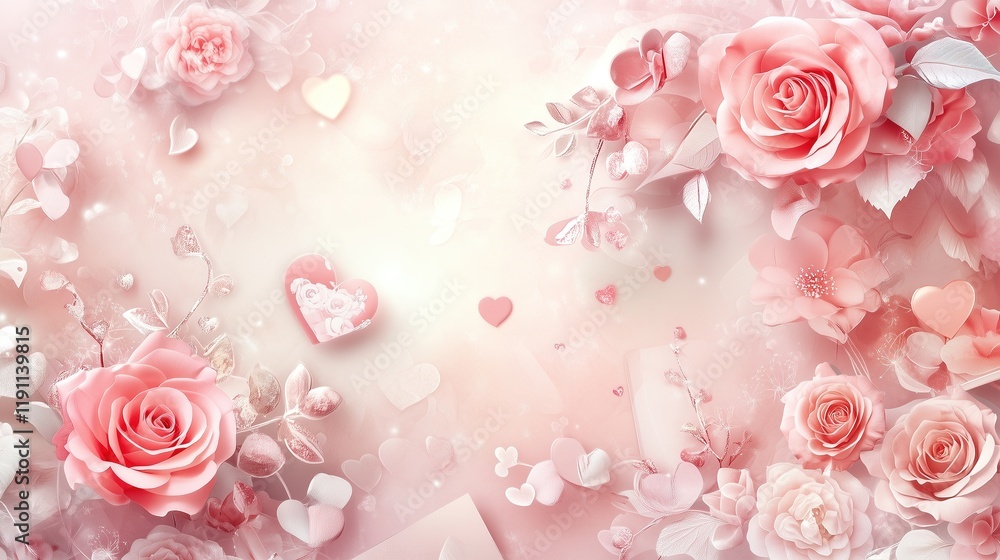 Delicate Pink Roses and Hearts on Soft Background Delicate Pink Roses and Hearts on Soft Background