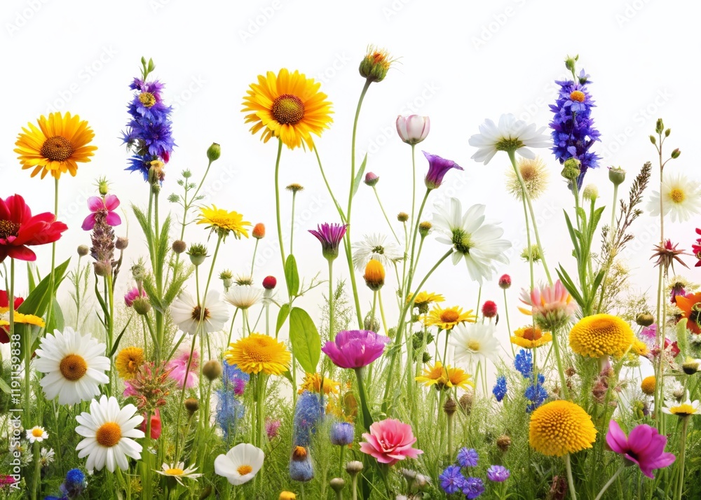 Fototapeta premium Vibrant Meadow Wildflowers Isolated on White Background - Spring Floral Set