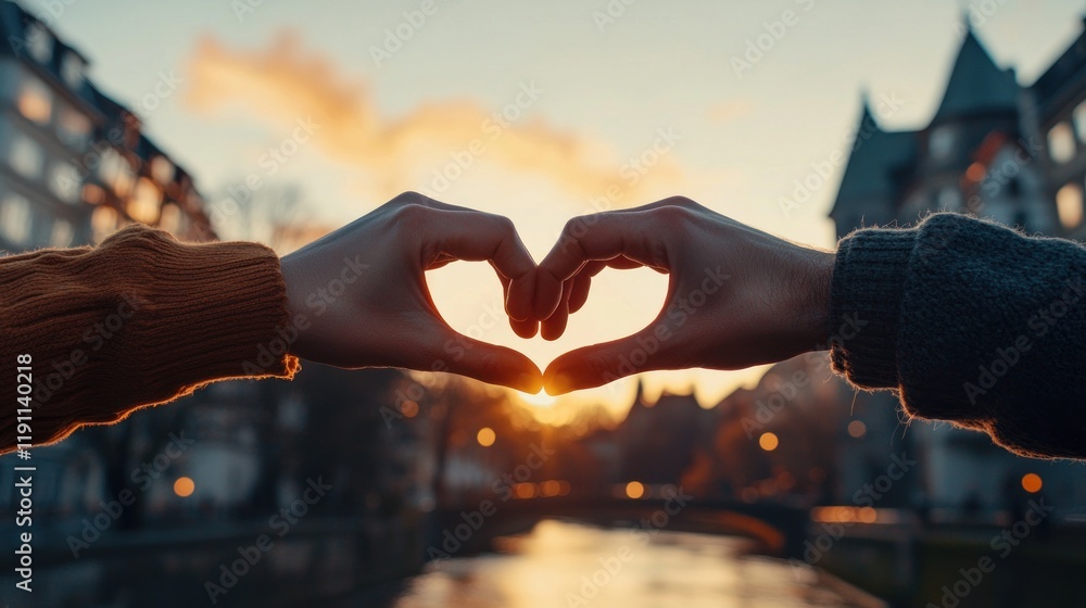 Romantic Couple Forming Heart Shape Hands at Sunset Cityscape Background Romantic Couple Forming Heart Shape Hands at Sunset Cityscape Background