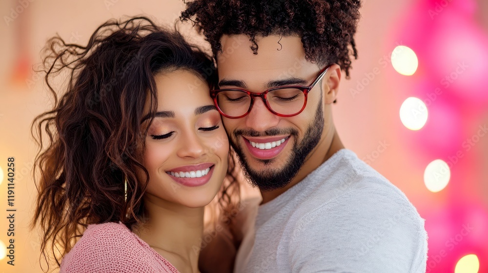 Happy Couple Embracing With Smiles in Romantic Atmosphere Happy Couple Embracing With Smiles in Romantic Atmosphere