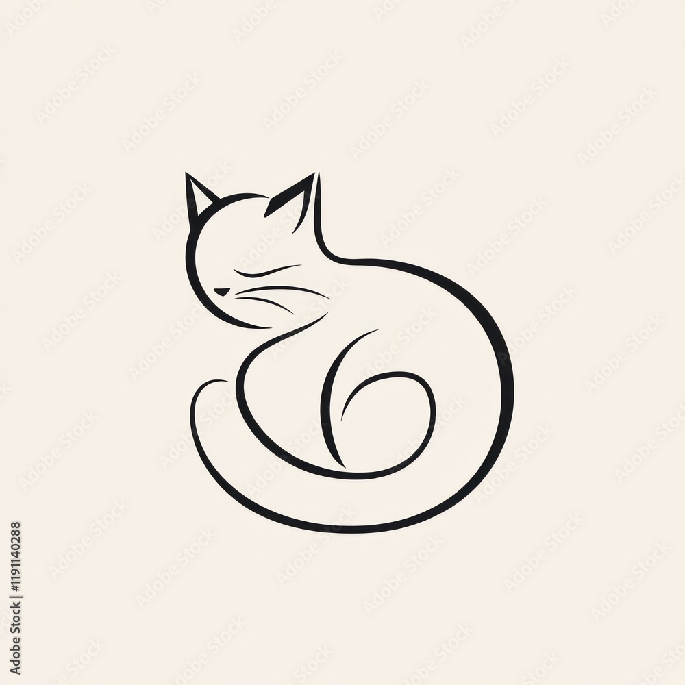 Sleeping cat line art, beige background, logo design Sleeping cat line art, beige background, logo design