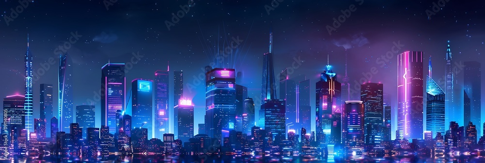 Fototapeta premium Futuristic cityscape skyline at night with neon lights. Vibrant urban scene with glowing skyscrapers and reflections. Modern, technological, and dynamic.